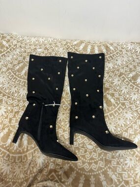 a new day Black Studded Mid-Calf Heeled Boots